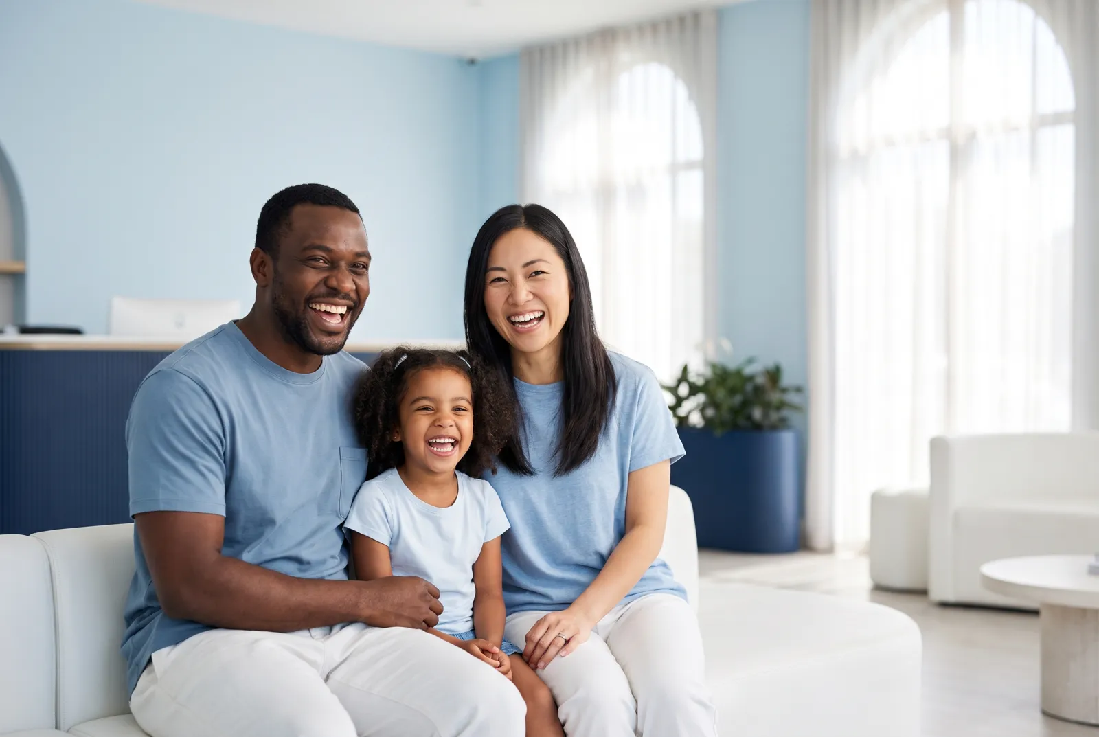 Familia sonriendo en la recepción de la clínica