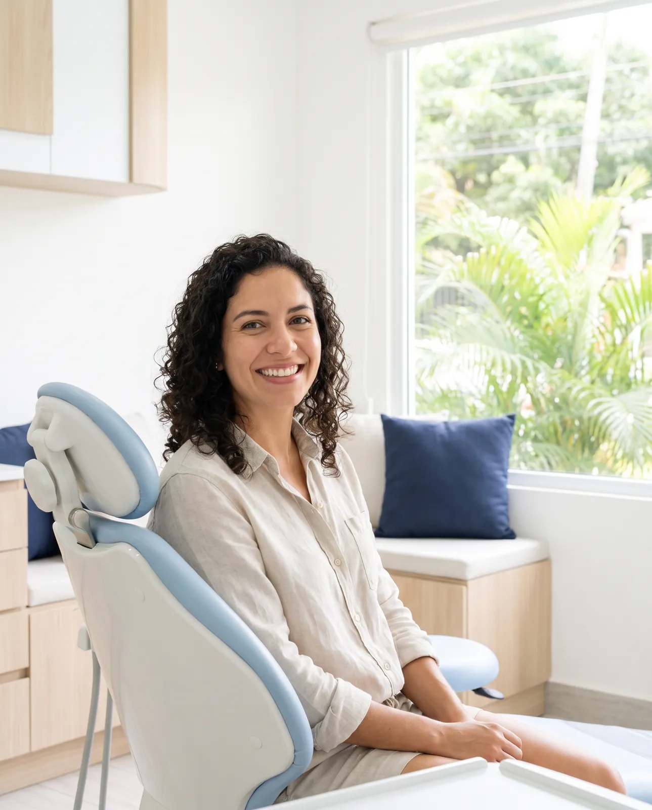 Paciente sonriendo en un consultorio luminoso de AB Dental Solutions